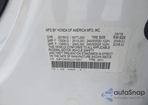 2018 Acura Mdx Technology Package Acurawatch Plus Pkg from USA, damaged, VIN 5J8YD4H50JL016201